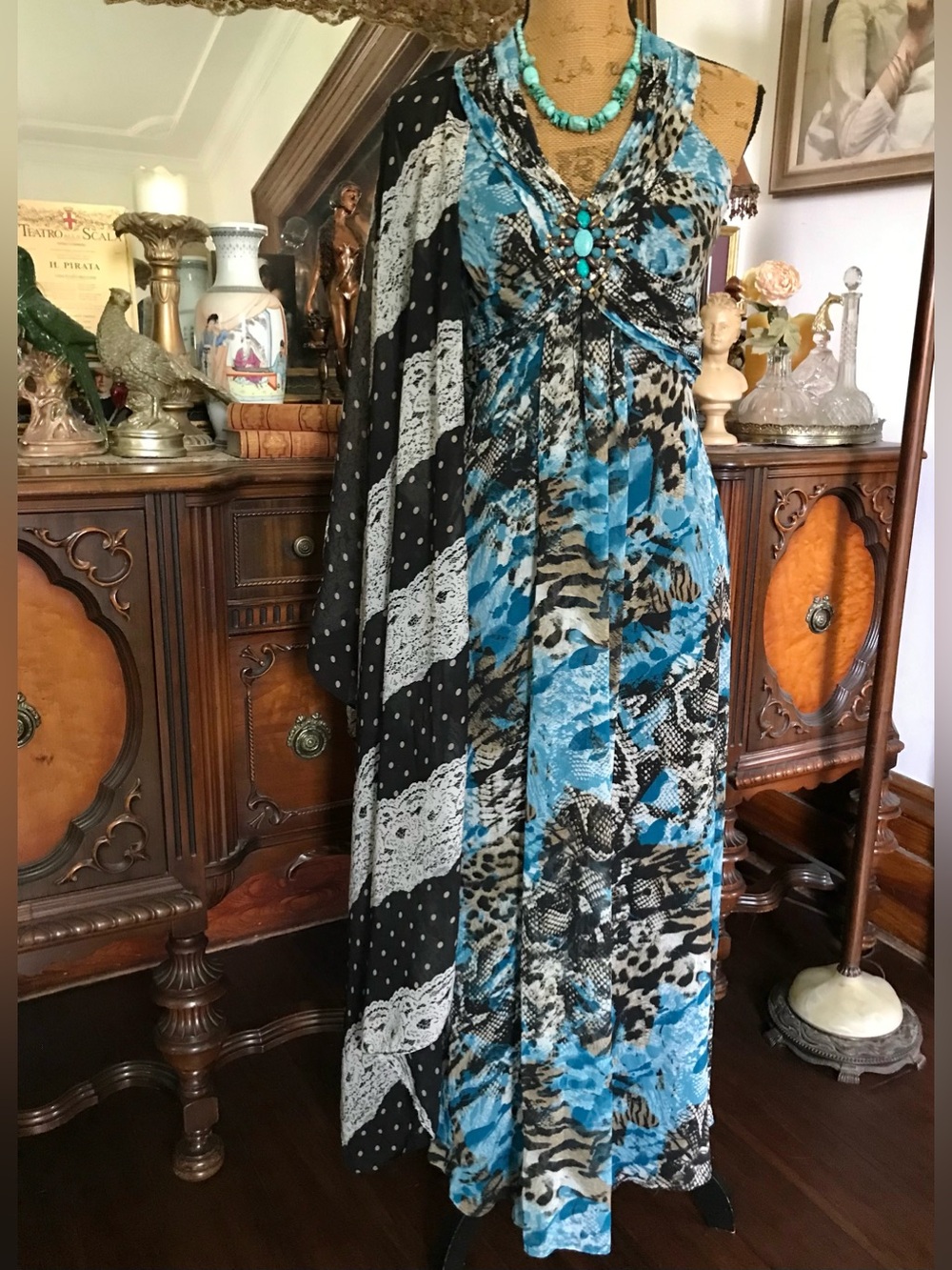 Vintage Grecian Roman Inspo Abstract Animal Print Romantic Boho Dress/Shawl Set